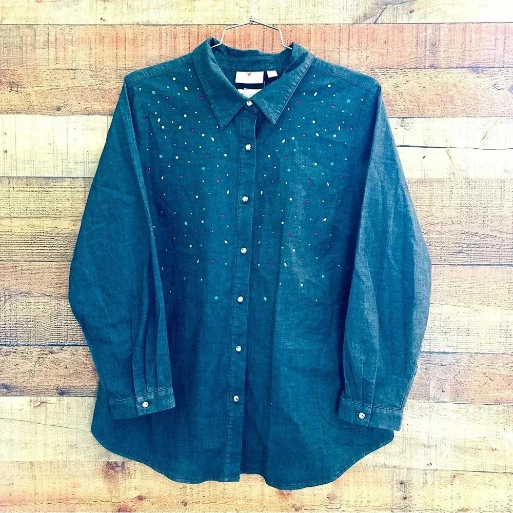 NWT Quacker Factory By Jeanne Bice Denim Rhinestone Top